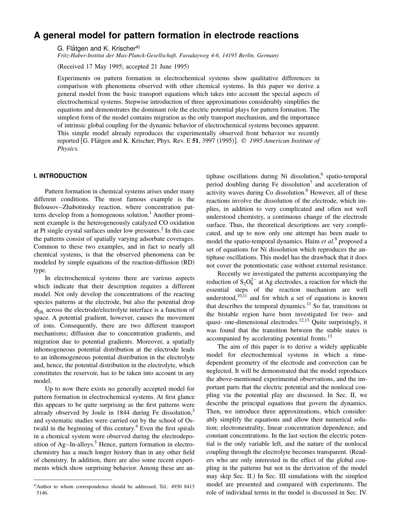 A general model for pattern formation in electrode reactions by G. Flatgen and K. Krischer