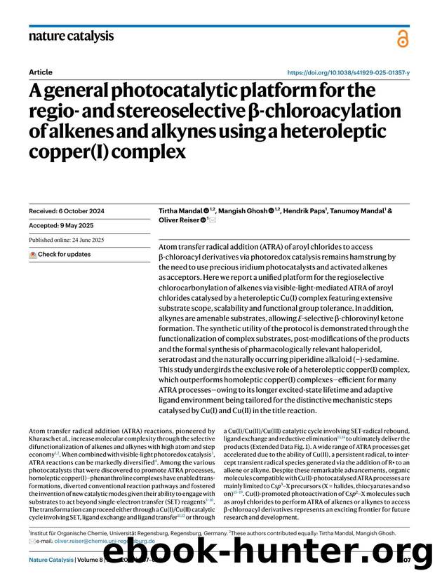A general photocatalytic platform for the regio- and stereoselective Î²-chloroacylation of alkenes and alkynes using a heteroleptic copper(I) complex by Tirtha Mandal & Mangish Ghosh & Hendrik Paps & Tanumoy Mandal & Oliver Reiser
