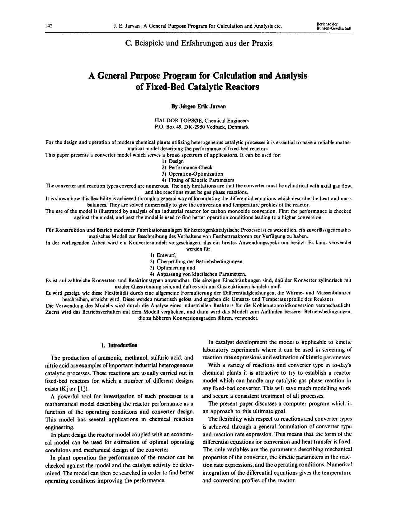 A general purpose program for calculation and analysis of fixed-bed catalytic reactors by Unknown