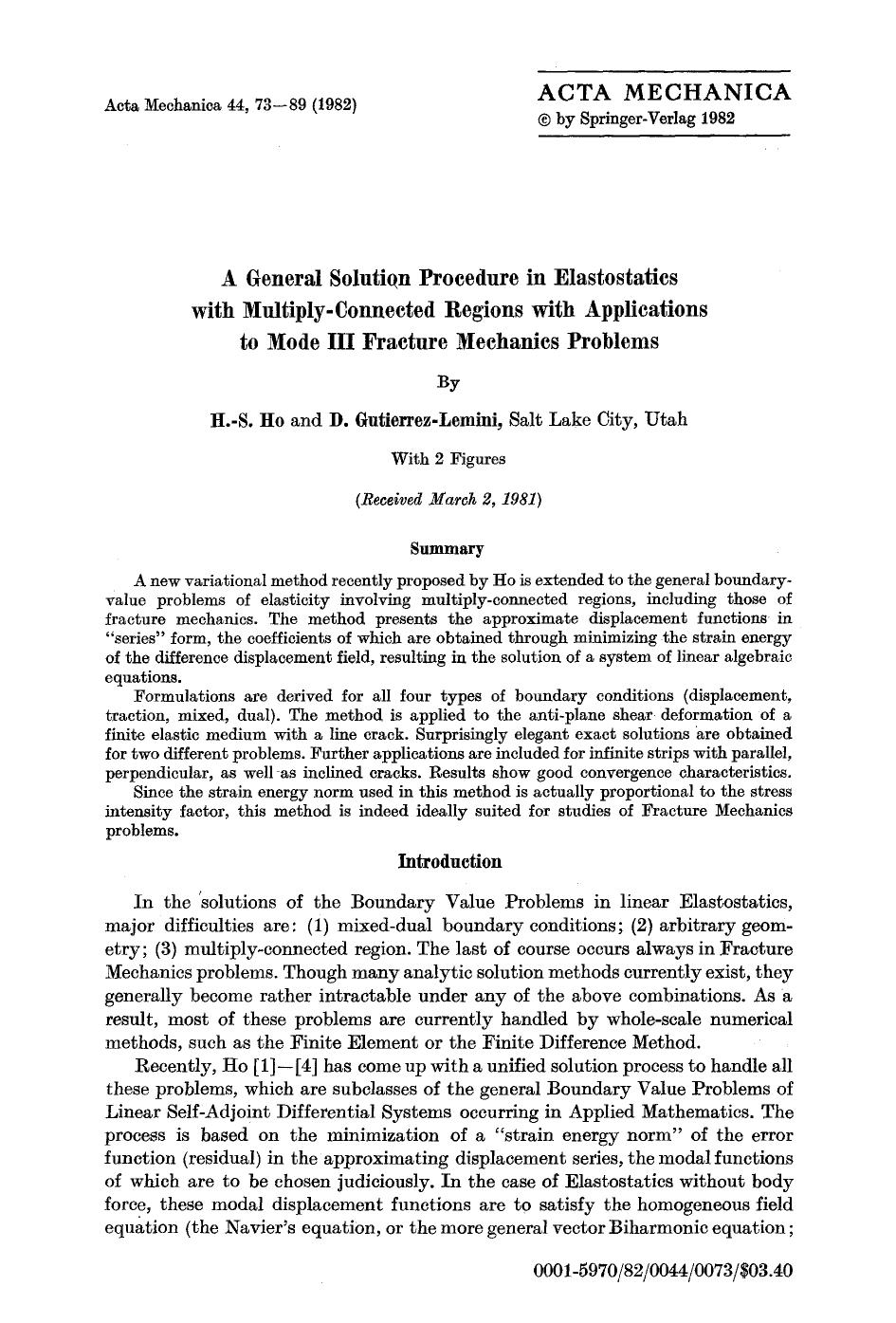 A general solution procedure in elastostatics with multiply-connected regions with applications to mode III fracture mechanics problems by Unknown