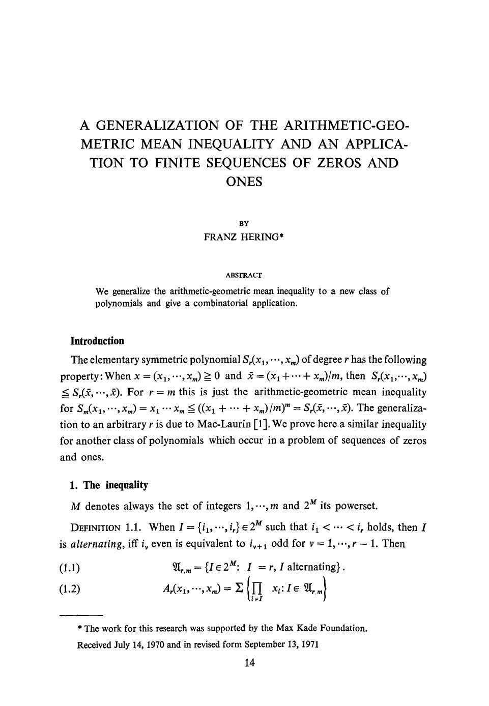 A generalization of the arithmetic-geometric mean inequality and an application to finite sequences of zeros and ones by Unknown