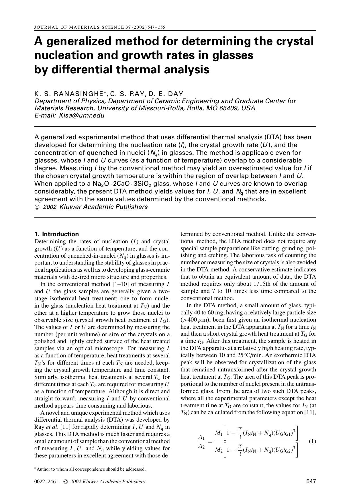 A generalized method for determining the crystal nucleation and growth rates in glasses by differential thermal analysis by Unknown