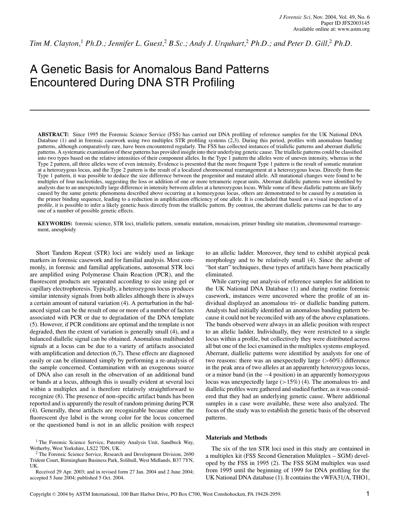 A genetic basis for anomalous band patterns encountered during DNA STR profiling by Clayton TM Guest JL Urquhart AJ Gill PD