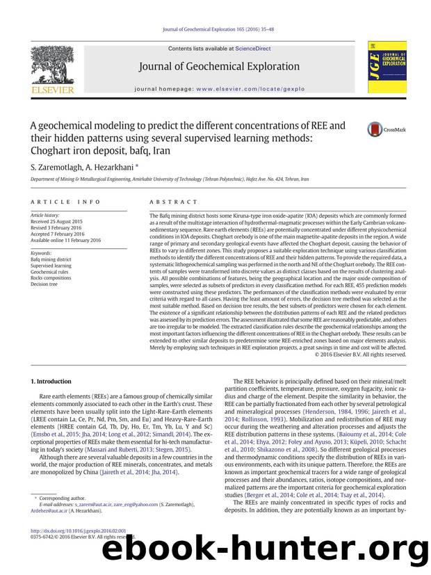 A geochemical modeling to predict the different concentrations of REE and their hidden patterns using several supervised learning methods: Choghart iron deposit, bafq, Iran by S. Zaremotlagh & A. Hezarkhani