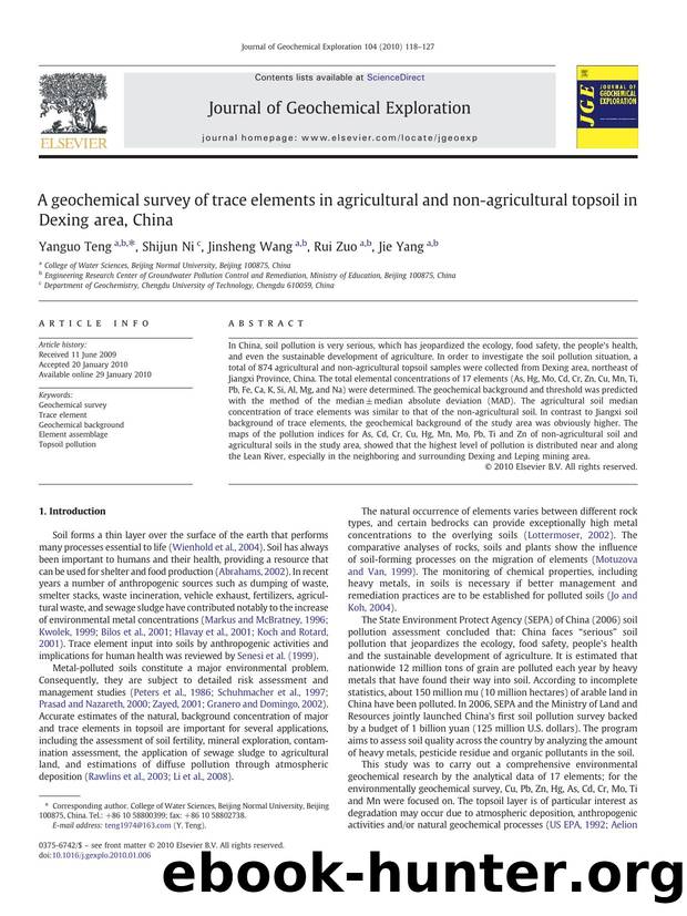 A geochemical survey of trace elements in agricultural and non-agricultural topsoil in Dexing area, China by Yanguo Teng; Shijun Ni; Jinsheng Wang; Rui Zuo; Jie Yang