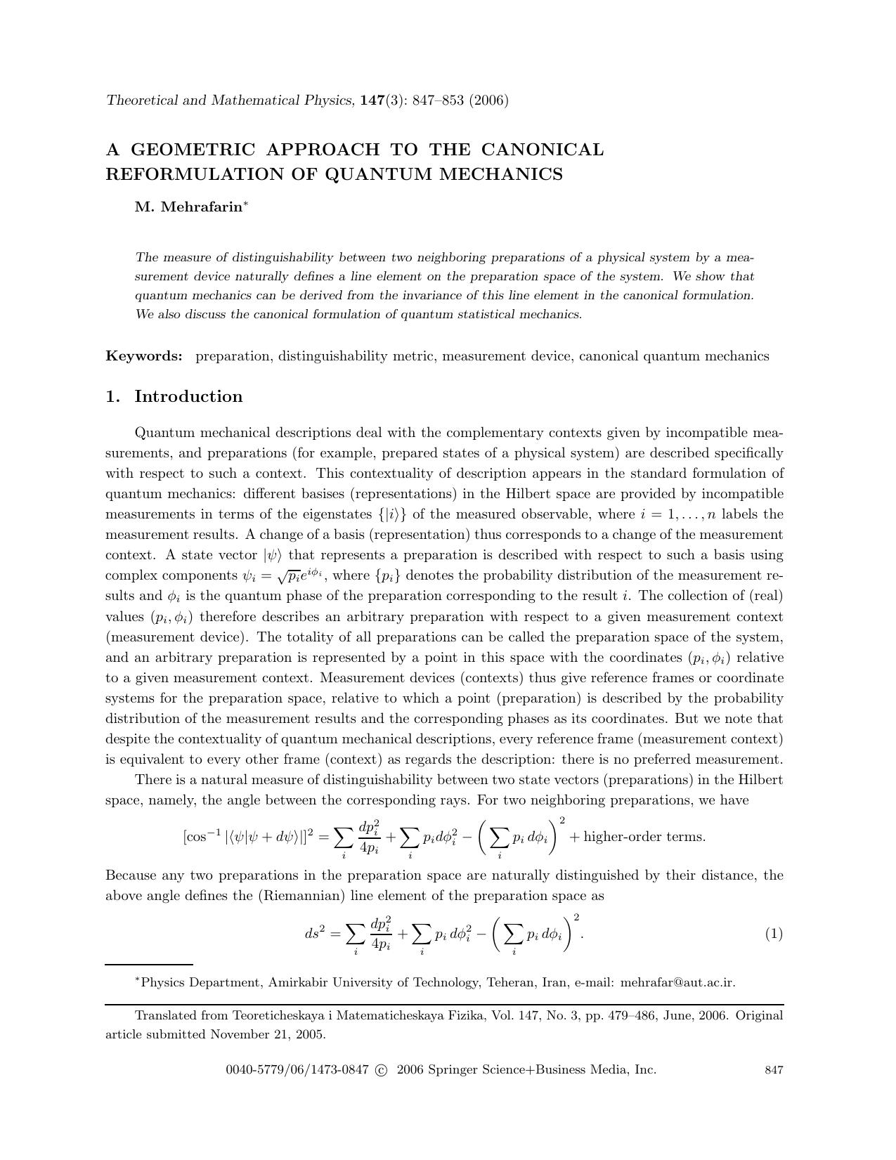 A geometric approach to the canonical reformulation of quantum mechanics by Unknown
