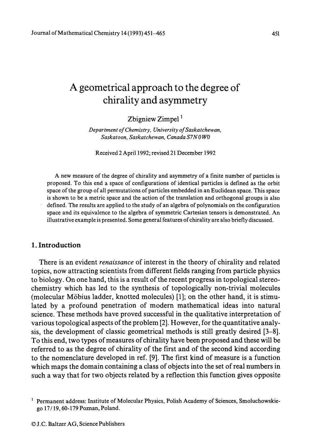 A geometrical approach to the degree of chirality and asymmetry by Unknown