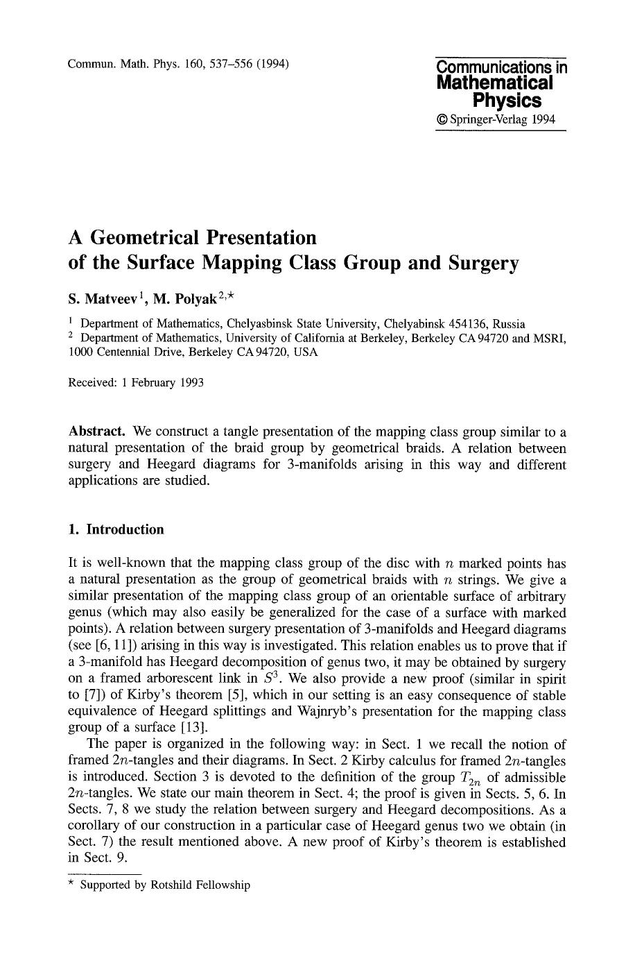 A geometrical presentation of the surface mapping class group and surgery by Unknown