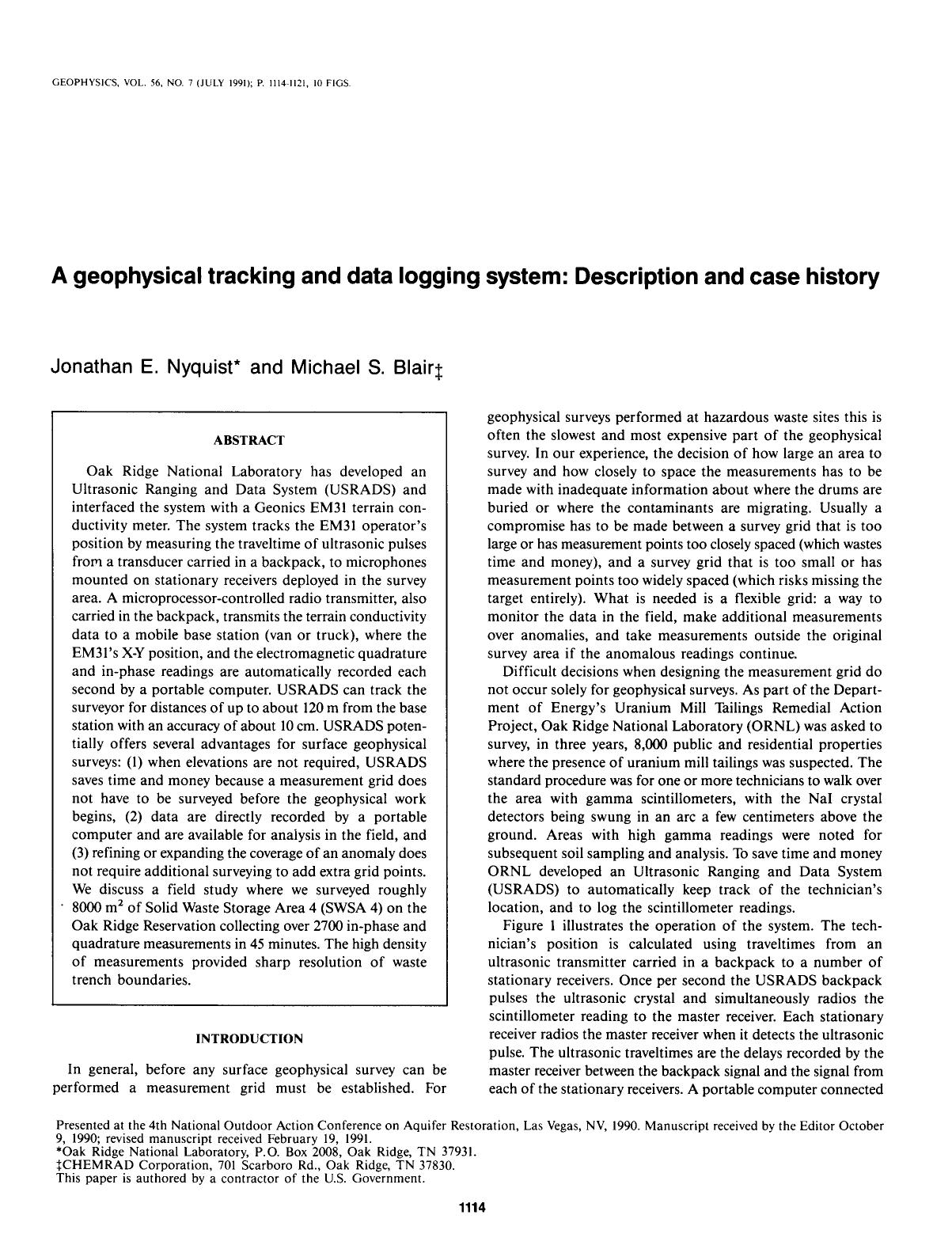 A geophysical tracking and data logging system: Description and case history by Nyquist J. E.; Blair M. S