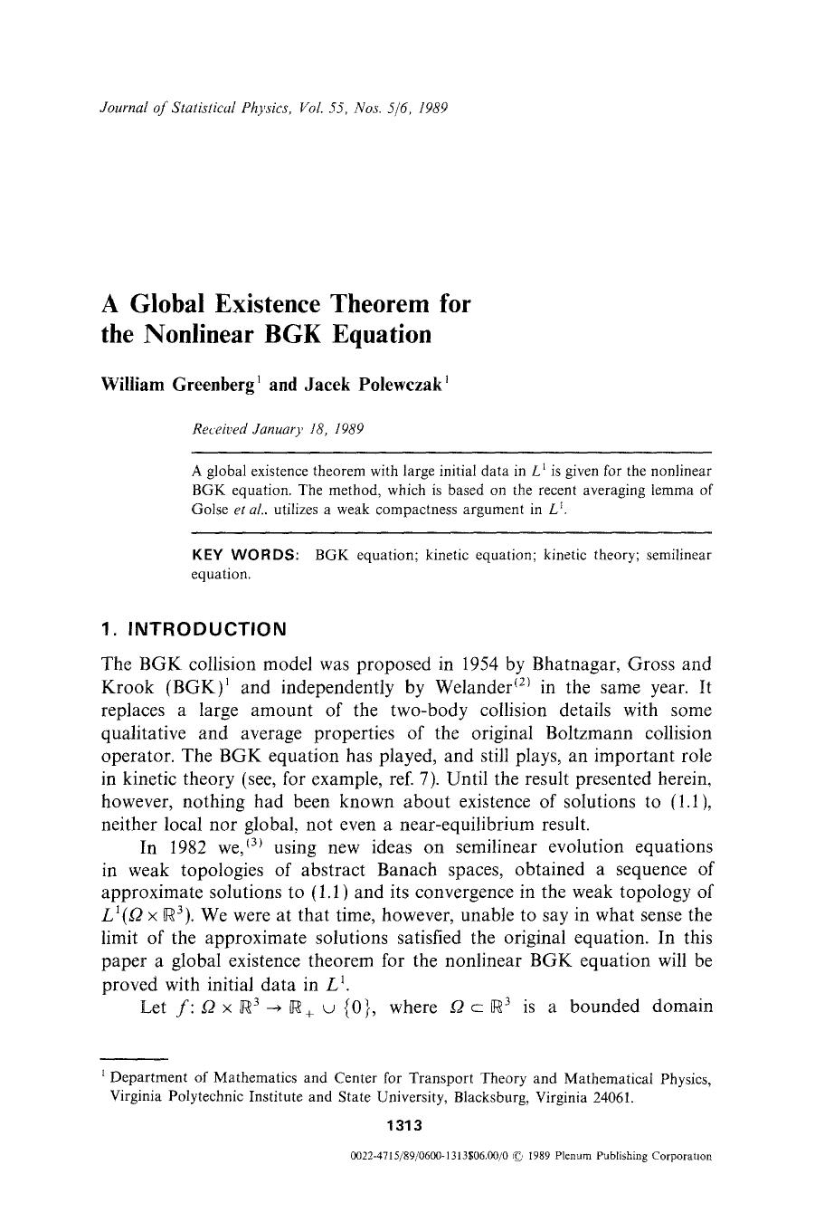 A global existence theorem for the nonlinear BGK equation by Unknown