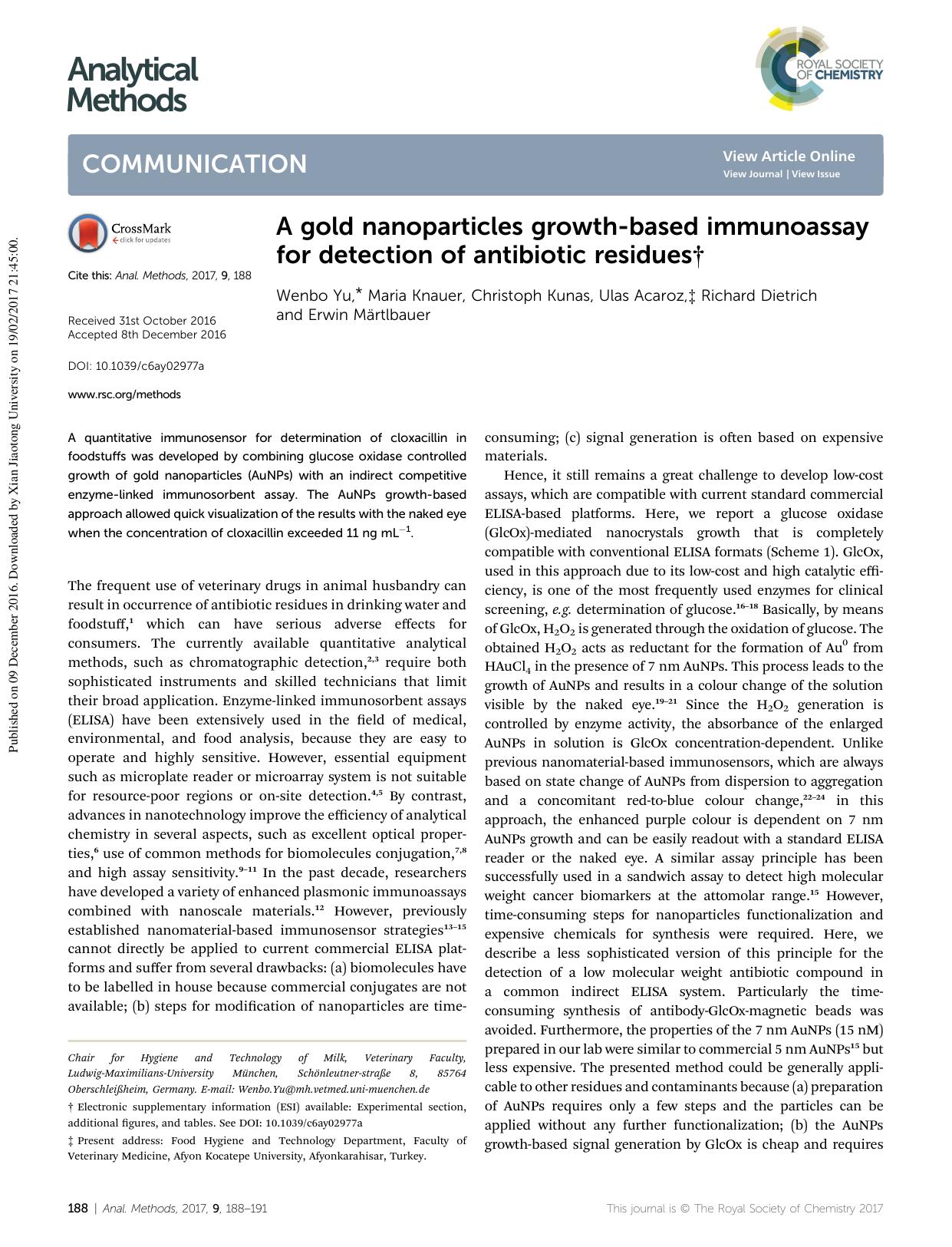 A gold nanoparticles growth-based immunoassay for detection of antibiotic residues by Wenbo Yu & Maria Knauer & Christoph Kunas & Ulas Acaroz & Richard Dietrich & Erwin Märtlbauer