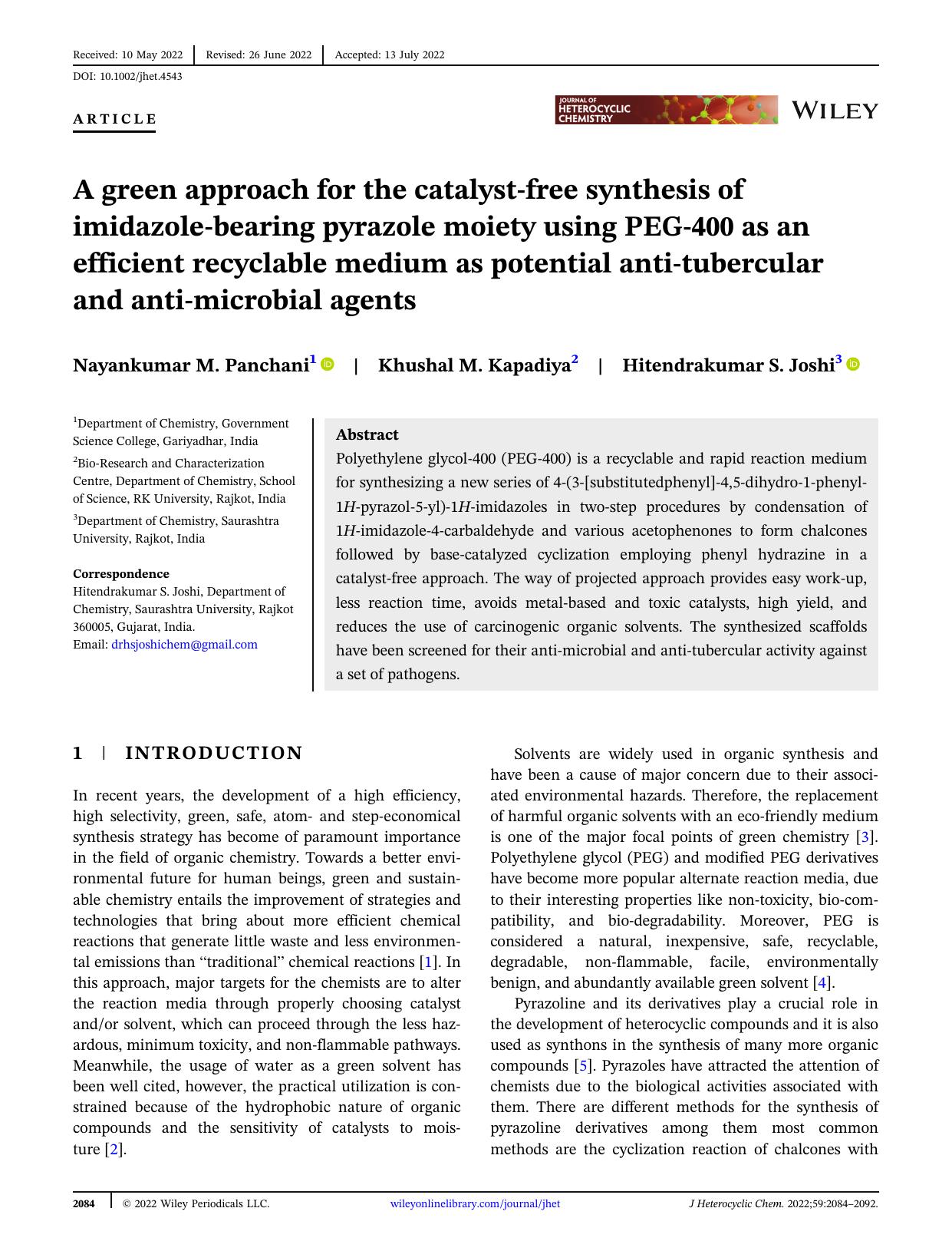 A green approach for the catalyst-free synthesis of imidazole bearing pyrazole moiety using PEG-400 as an efficient recyclable medium as potential anti-tubercular and anti-microbial agents by Unknown
