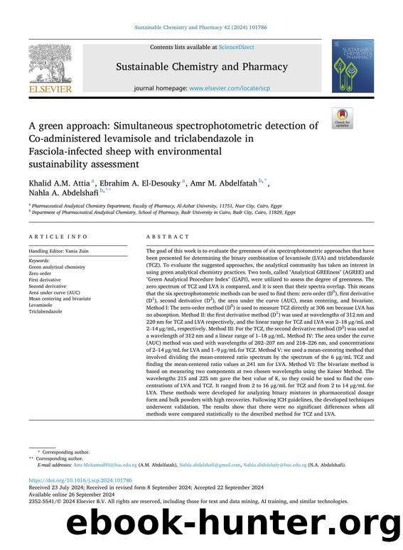 A green approach: Simultaneous spectrophotometric detection of Co-administered levamisole and triclabendazole in Fasciola-infected sheep with environmental sustainability assessment by Khalid A.M. Attia & Ebrahim A. El-Desouky & Amr M. Abdelfatah & Nahla A. Abdelshafi