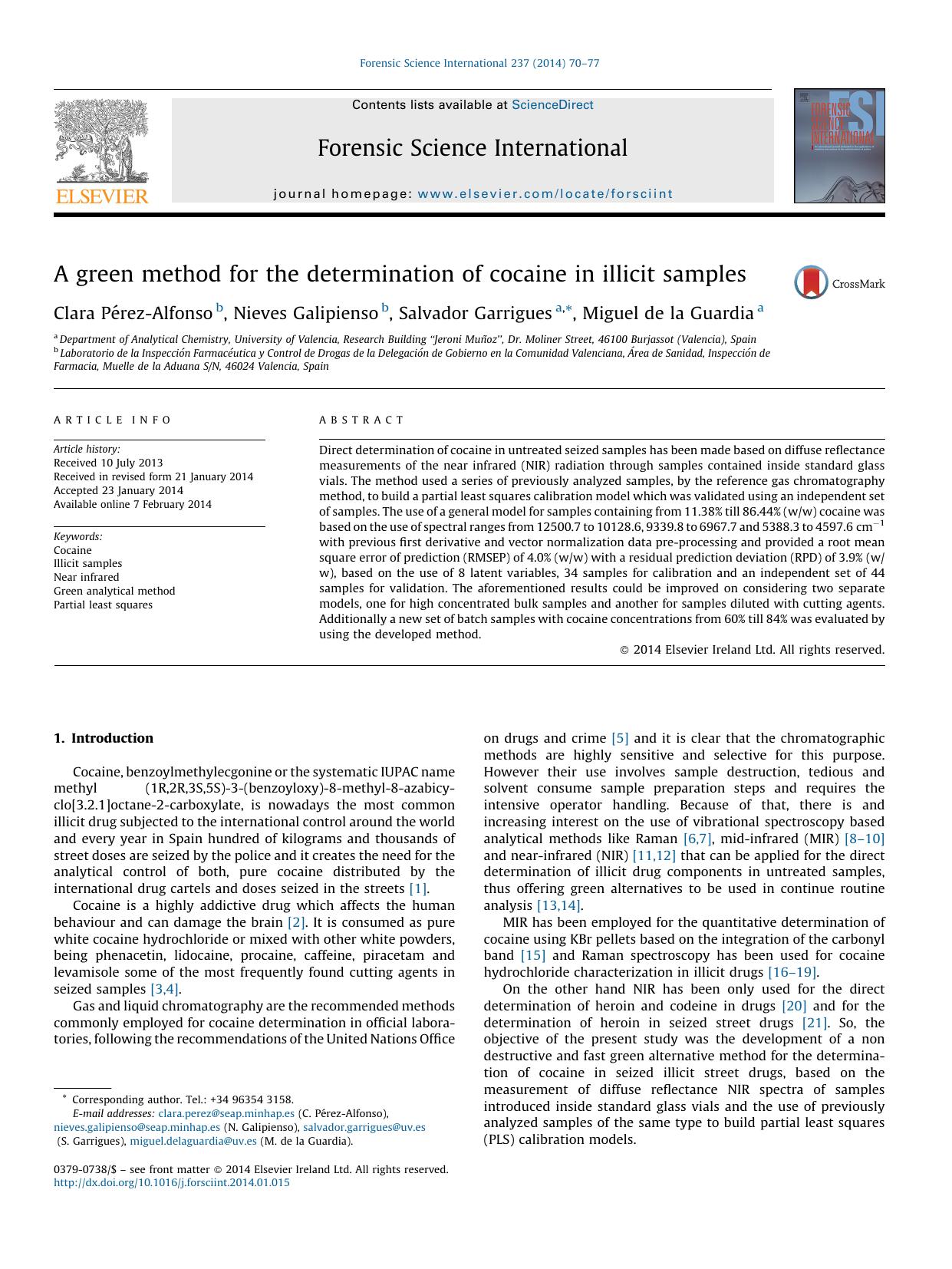 A green method for the determination of cocaine in illicit samples by Clara Pérez-Alfonso & Nieves Galipienso & Salvador Garrigues & Miguel de la Guardia