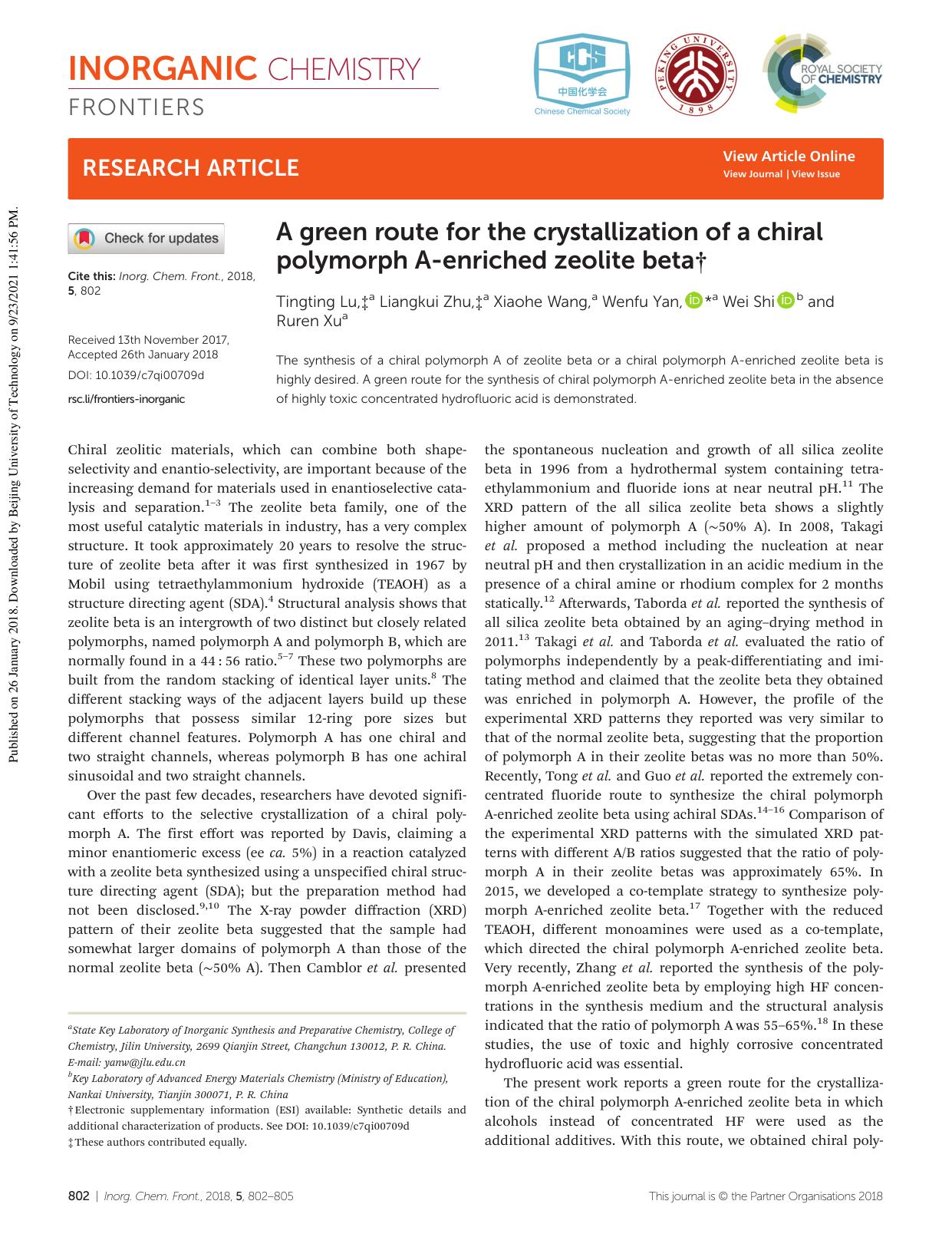 A green route for the crystallization of a chiral polymorph A-enriched zeolite beta by Tingting Lu Liangkui Zhu Xiaohe Wang Wenfu Yan Wei Shi Ruren Xu