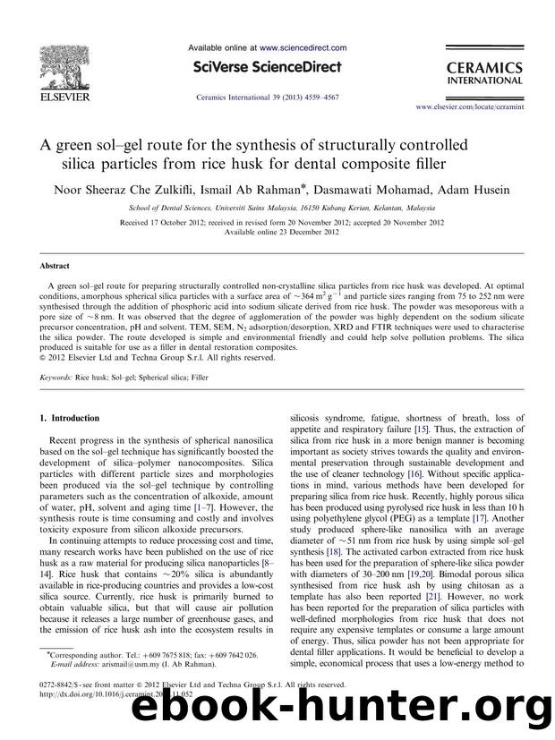 A green solâgel route for the synthesis of structurally controlled silica particles from rice husk for dental composite filler by Noor Sheeraz Che Zulkifli & Ismail Ab Rahman & Dasmawati Mohamad & Adam Husein
