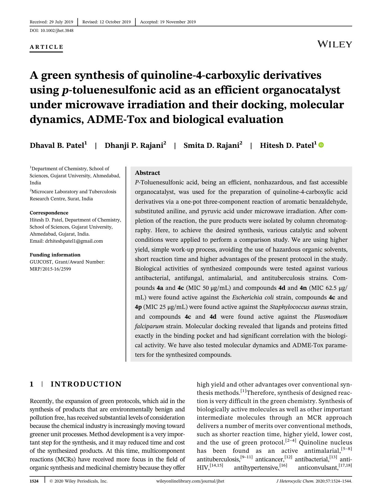 A green synthesis of quinoline-4-carboxylic derivatives using p-Toluenesulfonic acid (p-TSA) as an efficient organocatalyst under microwave irradiation (MWI) and their docking, mol by Unknown