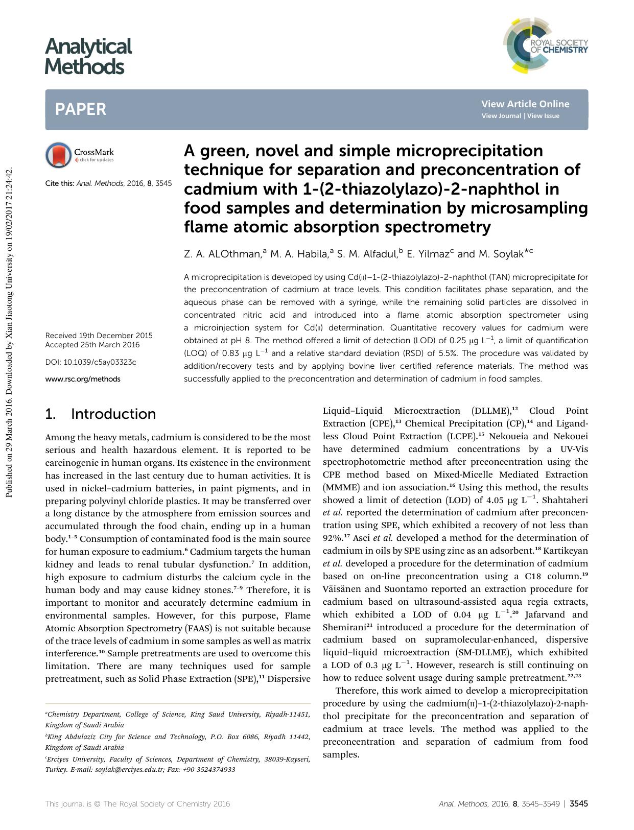 A green, novel and simple microprecipitation technique for separation and preconcentration of cadmium with 1-(2-thiazolylazo)-2-naphthol in food samples and determination by micros by Z. A. ALOthman & M. A. Habila & S. M. Alfadul & E. Yilmaz & M. Soylak