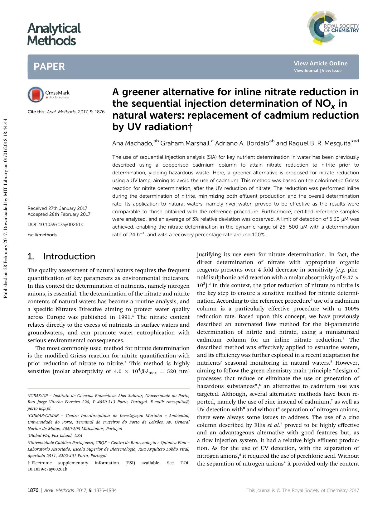 A greener alternative for inline nitrate reduction in the sequential injection determination of NOx in natural waters: replacement of cadmium reduction by UV radiation by Ana Machado & Graham Marshall & Adriano A. Bordalo & Raquel B. R. Mesquita