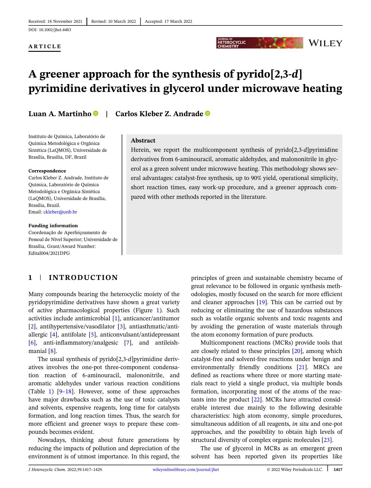 A greener approach for the synthesis of pyrido[2,3- d ]pyrimidine derivatives in glycerol under microwave heating by Unknown