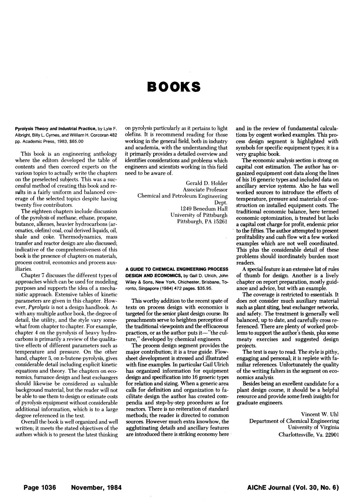 A guide to chemical engineering process design and economics, by Gail D. Ulrich, John Wiley & Sons, New York, Chichester, Brisbane, Toronto, Singapore "1984" 472 pages. [dollar]35.95 by Unknown