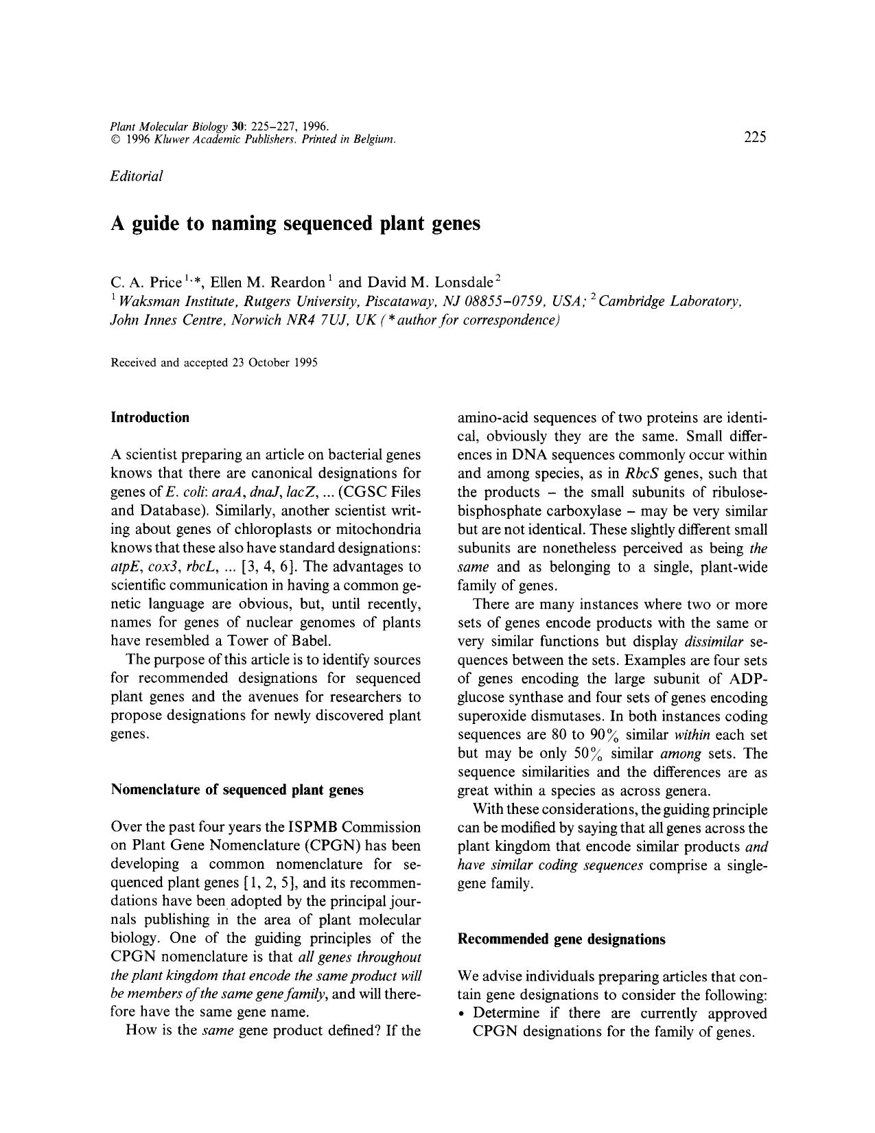 A guide to naming sequenced plant genes by Unknown