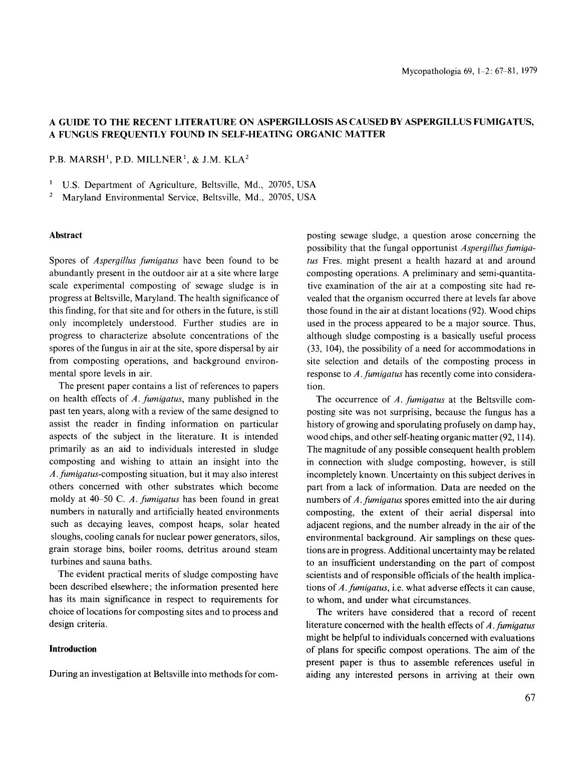 A guide to the recent literature on aspergillosis as caused by Aspergillus fumigatus, a fungus frequently found in self-heating organic matter by Unknown