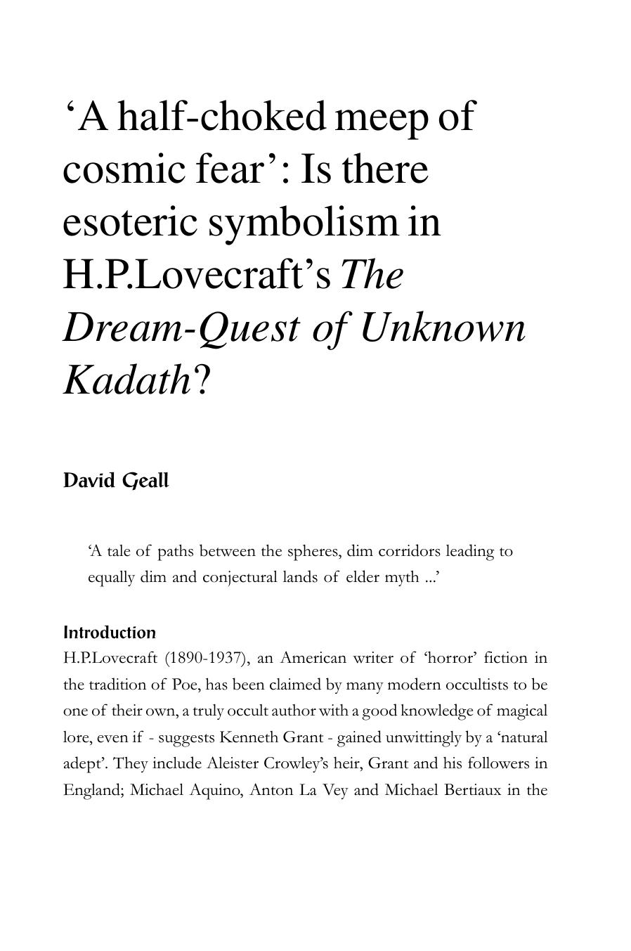 A half-choked meep of cosmic fear, esoteric symbolism in Lovecrafts The Dream-Quest of Unknown Kadath by Unknown