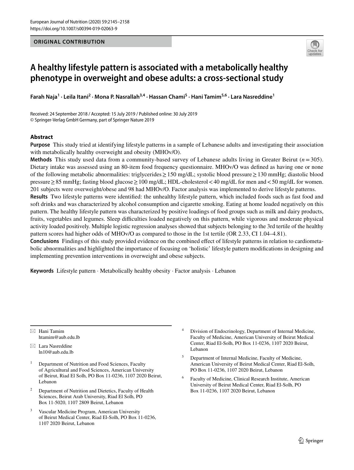 A healthy lifestyle pattern is associated with a metabolically healthy phenotype in overweight and obese adults: a cross-sectional study by Farah Naja & Leila Itani & Mona P. Nasrallah & Hassan Chami & Hani Tamim & Lara Nasreddine