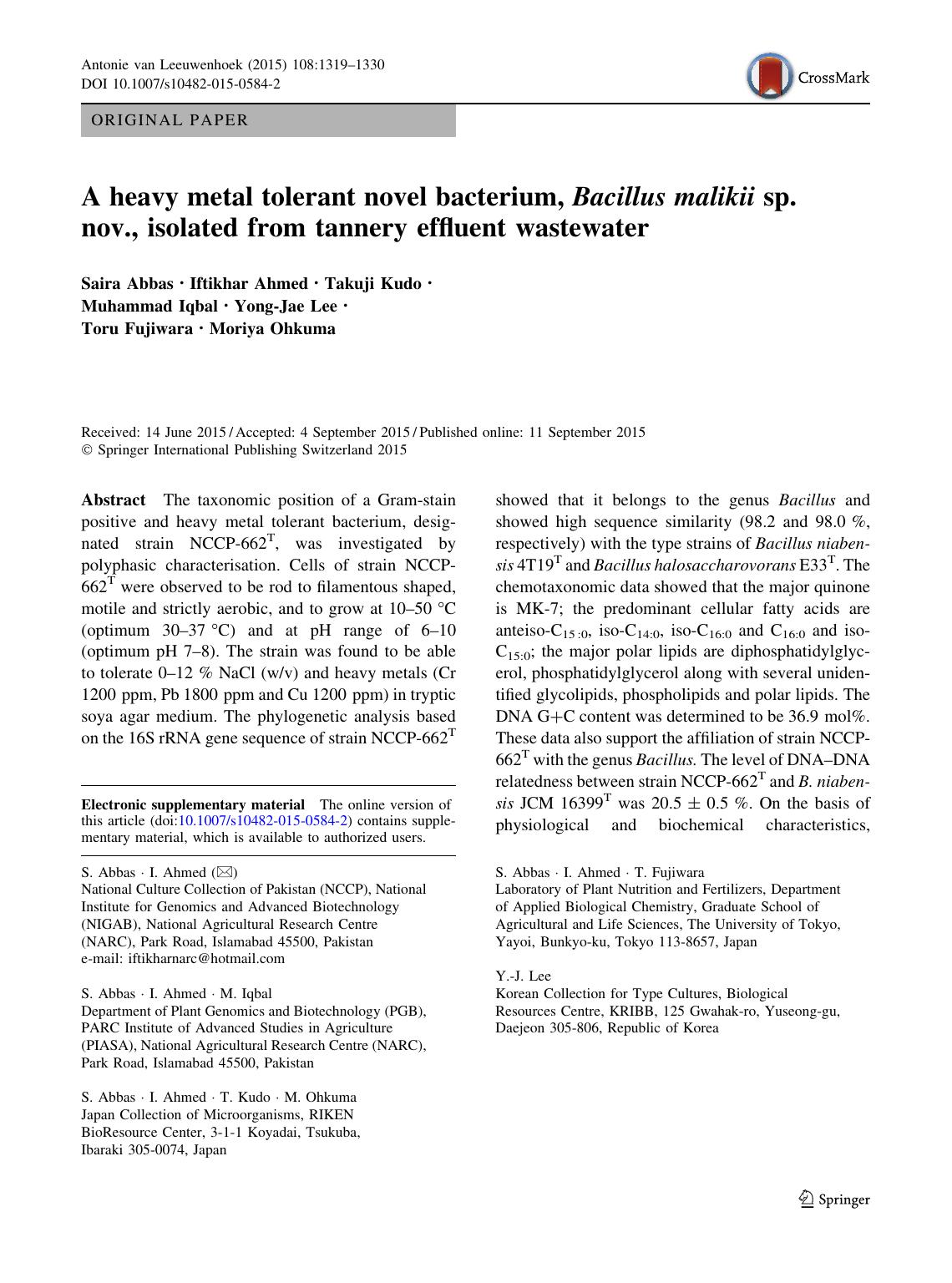 A heavy metal tolerant novel bacterium, Bacillus malikii sp. nov., isolated from tannery effluent wastewater by unknow