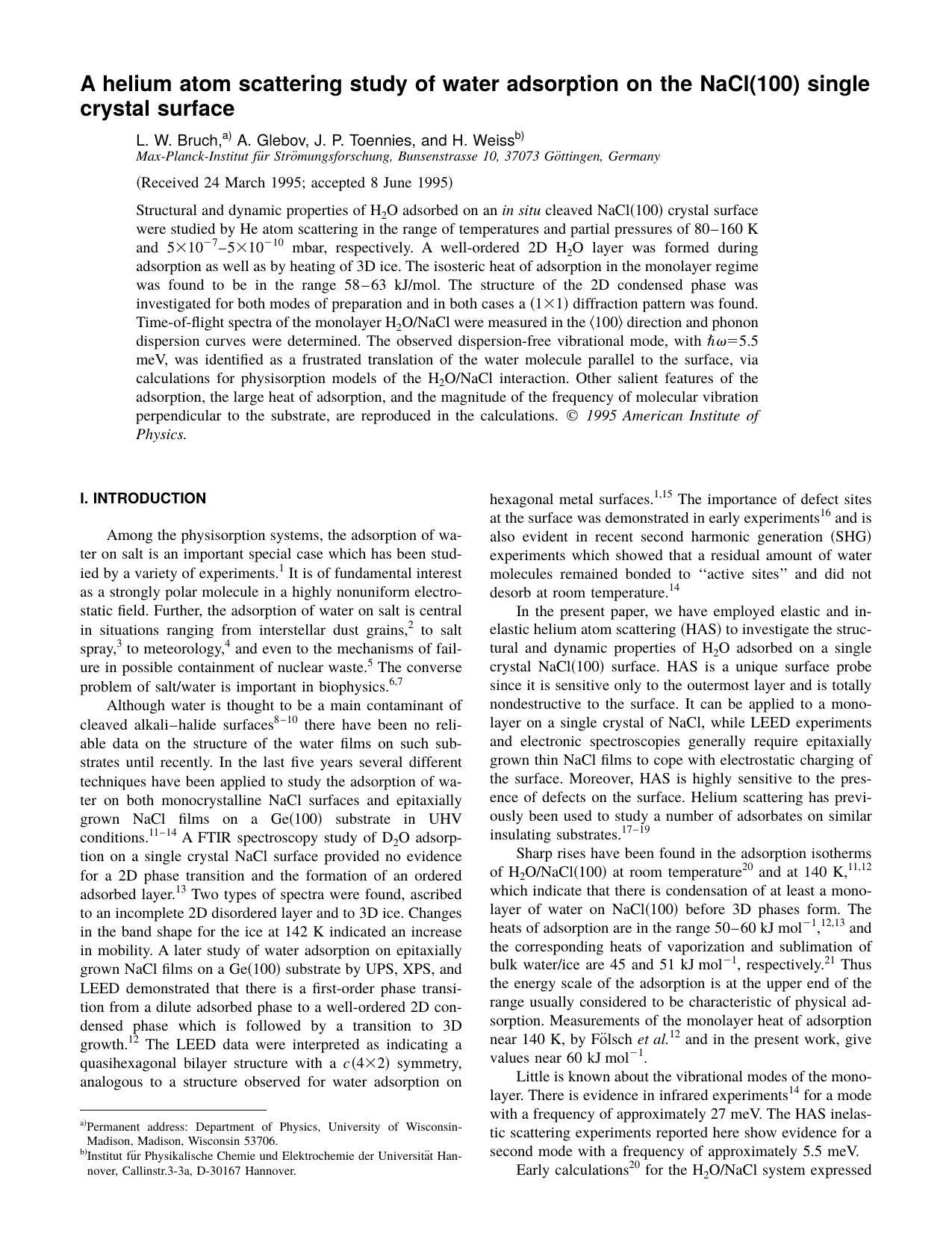 A helium atom scattering study of water adsorption on the NaCl[100] single crystal surface by L. W. Bruch & A. Glebov & J. P. Toennies & and H. Weiss