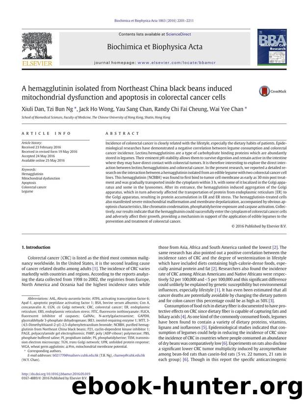 A hemagglutinin isolated from Northeast China black beans induced mitochondrial dysfunction and apoptosis in colorectal cancer cells by Xiuli Dan & Tzi Bun Ng & Jack Ho Wong & Yau Sang Chan & Randy Chi Fai Cheung & Wai Yee Chan