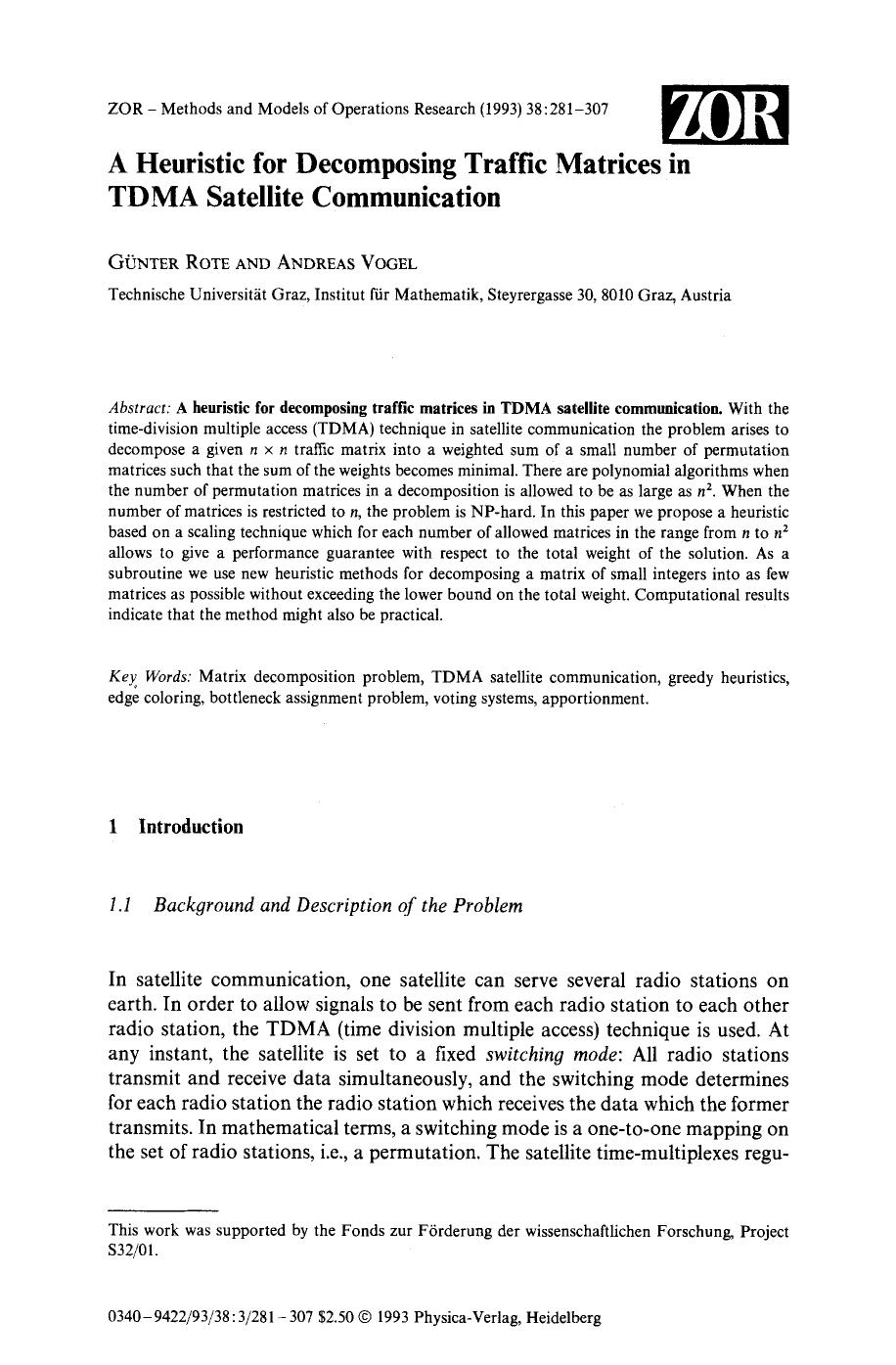 A heuristic for decomposing traffic matrices in TDMA satellite communication by Unknown