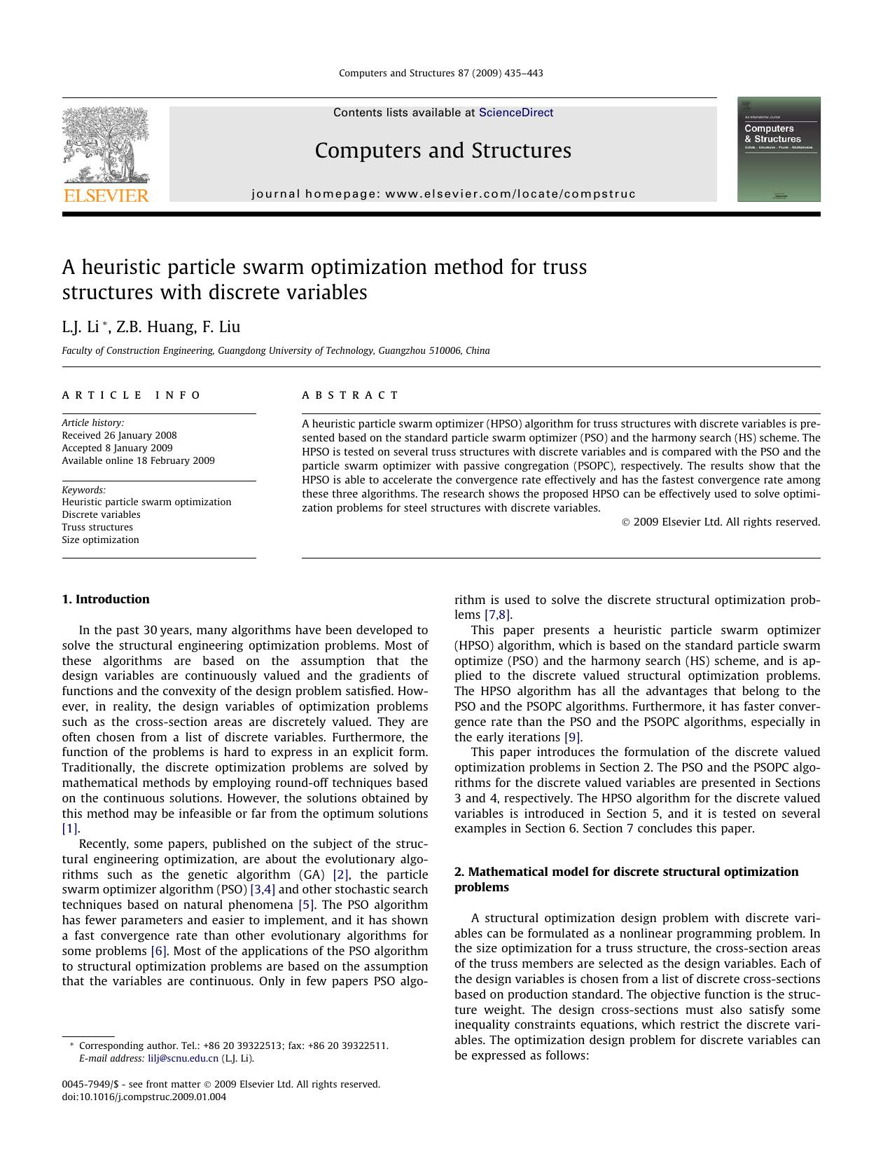 A heuristic particle swarm optimization method for truss structures with discrete variables by L.J. Li; Z.B. Huang; F. Liu