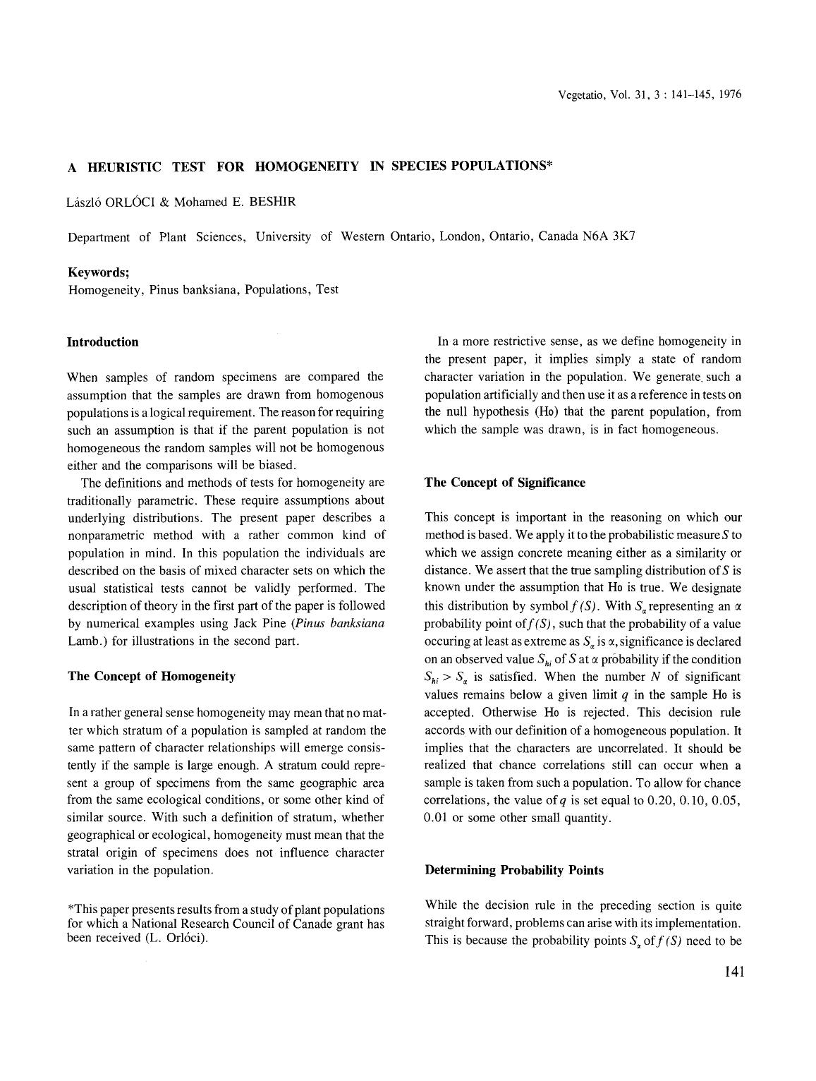 A heuristic test for homogeneity in species populations by Unknown