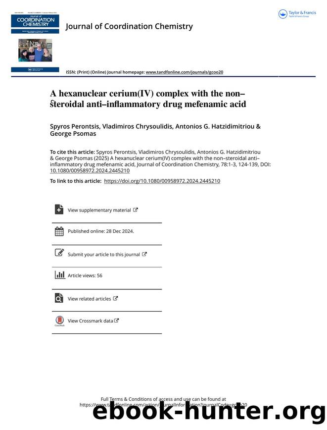 A hexanuclear cerium(IV) complex with the nonâsteroidal antiâinflammatory drug mefenamic acid by Perontsis Spyros & Chrysoulidis Vladimiros & Hatzidimitriou Antonios G. & Psomas George