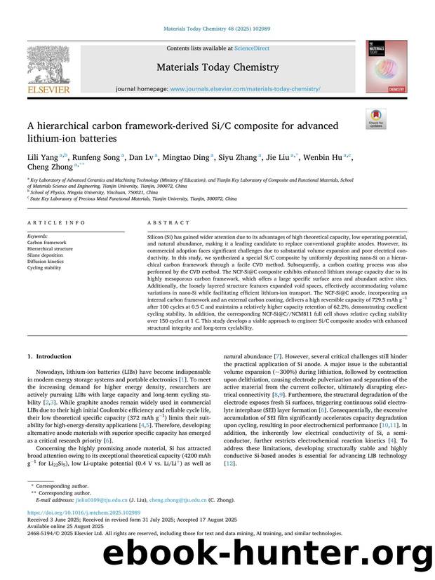 A hierarchical carbon framework-derived SiC composite for advanced lithium-ion batteries by Lili Yang & Runfeng Song & Dan Lv & Mingtao Ding & Siyu Zhang & Jie Liu & Wenbin Hu & Cheng Zhong