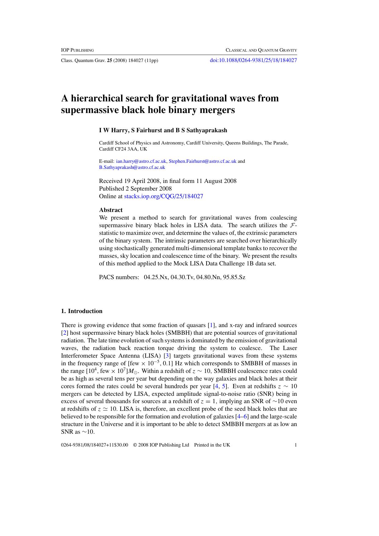 A hierarchical search for gravitational waves from supermassive black hole binary mergers by I W Harry et al