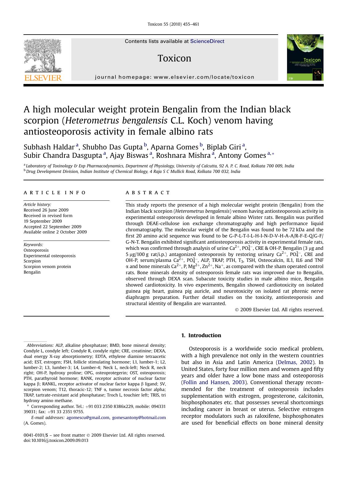 A high molecular weight protein Bengalin from the Indian black scorpion (Heterometrus bengalensis C.L. Koch) venom having antiosteoporosis activity in female albino rats by unknow