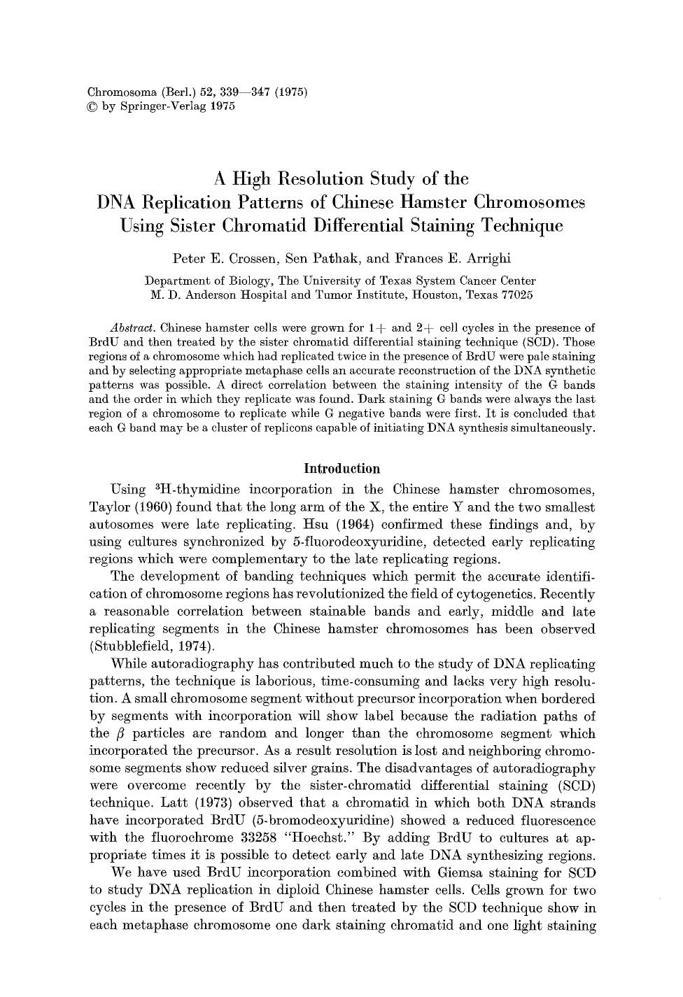 A high resolution study of the DNA replication patterns of Chinese hamster chromosomes using sister chromatid differential staining technique by Unknown