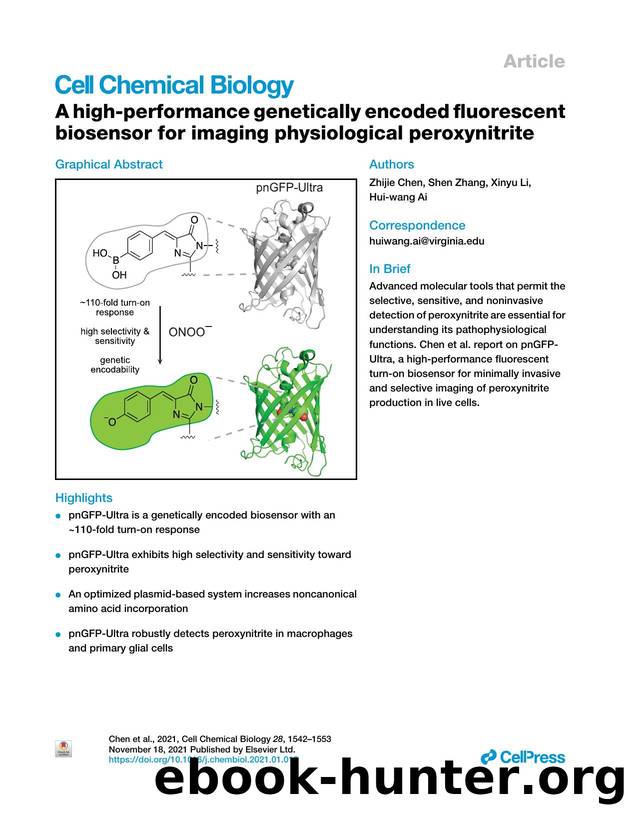 A high-performance genetically encoded fluorescent biosensor for imaging physiological peroxynitrite by Zhijie Chen & Shen Zhang & Xinyu Li & Hui-wang Ai