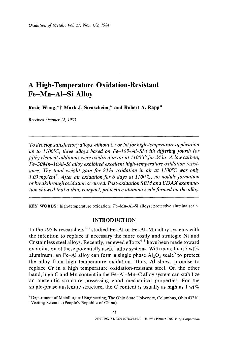 A high-temperature oxidation-resistant Fe-Mn-Al-Si alloy by Unknown