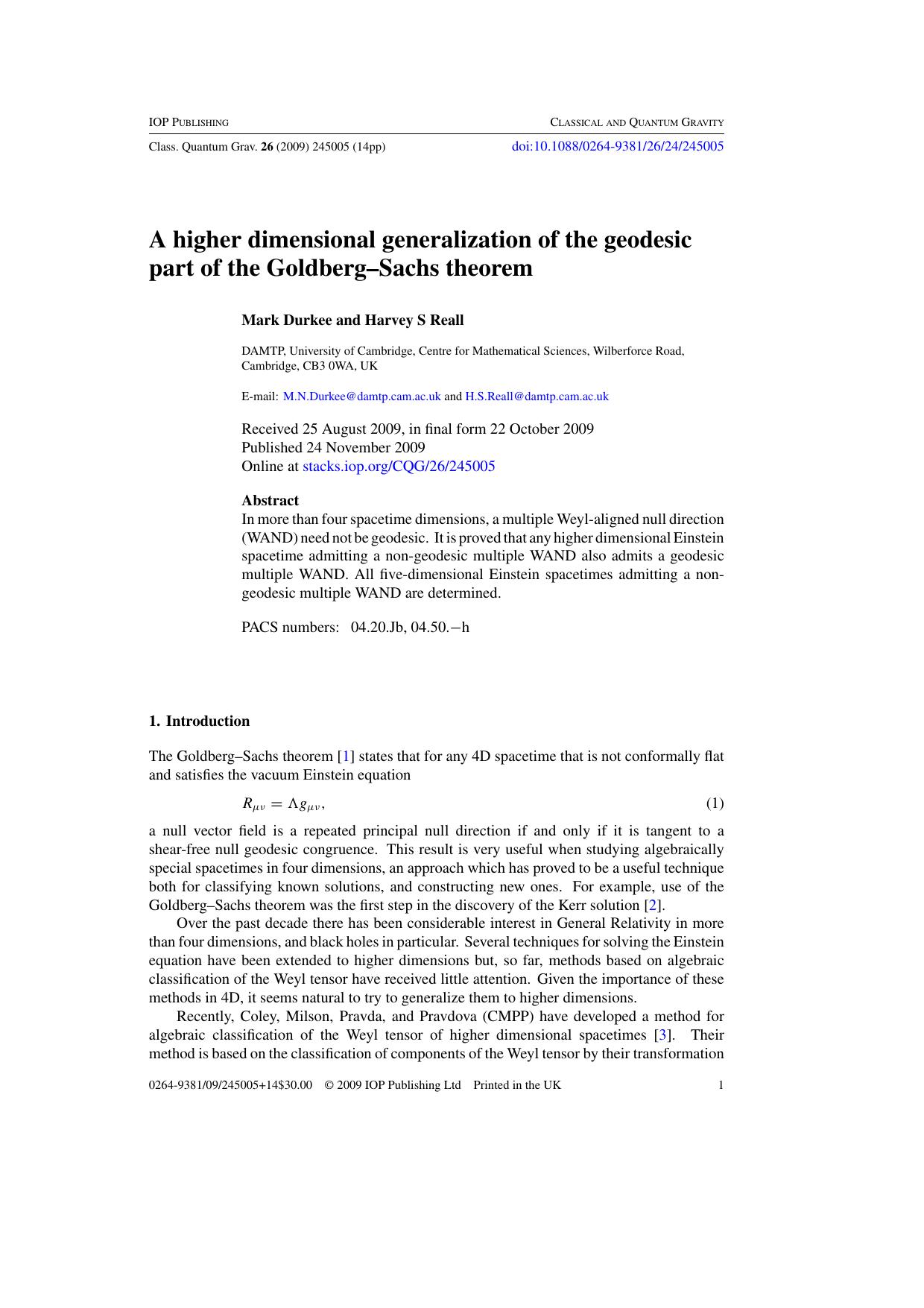 A higher dimensional generalization of the geodesic part of the Goldberg-Sachs theorem by M Durkee and H S Reall