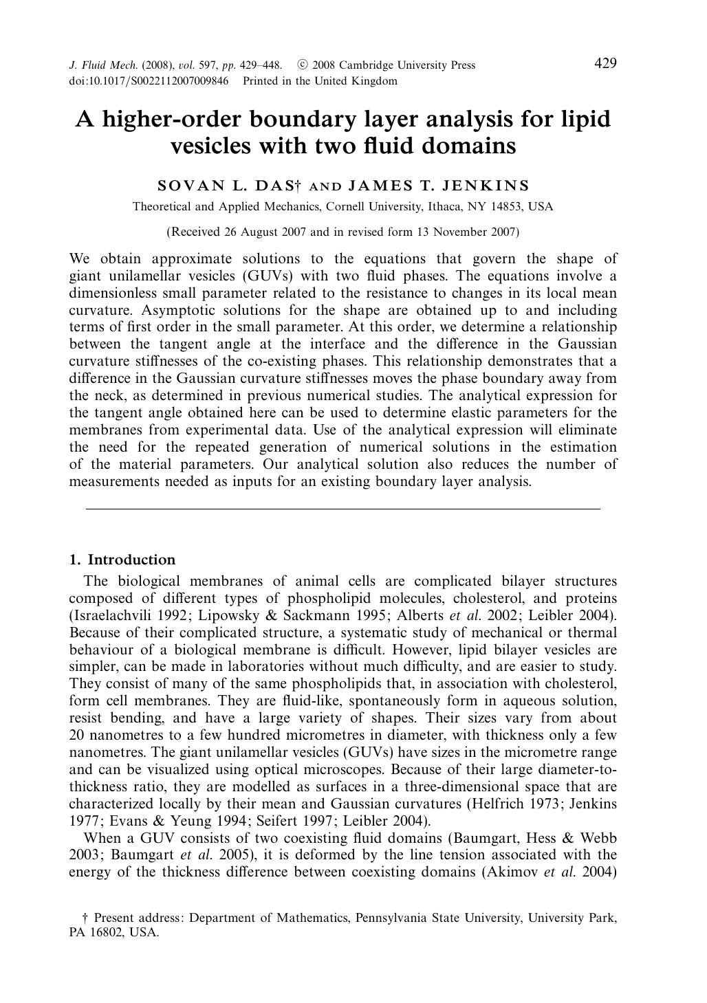 A higher-order boundary layer analysis for lipid vesicles with two fluid domains by SOVAN L. DAS & JAMES T. JENKINS