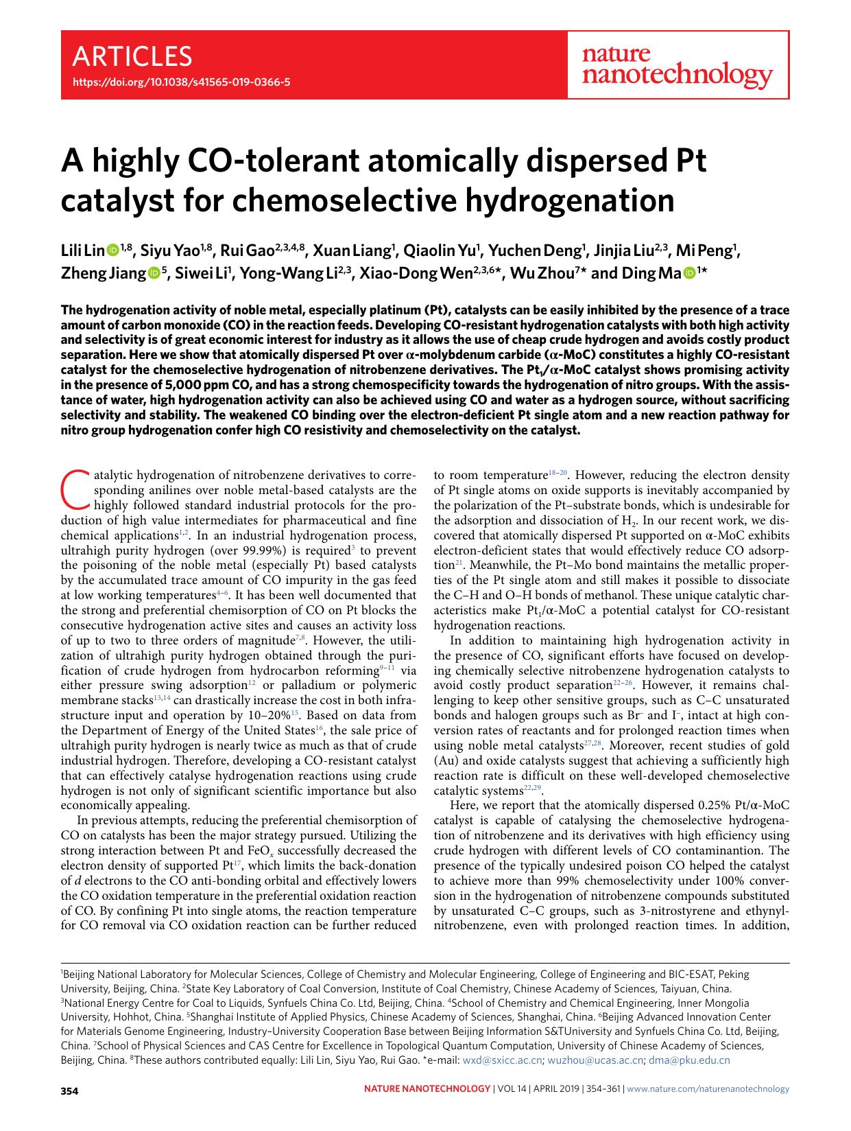 A highly CO-tolerant atomically dispersed Pt catalyst for chemoselective hydrogenation by unknow