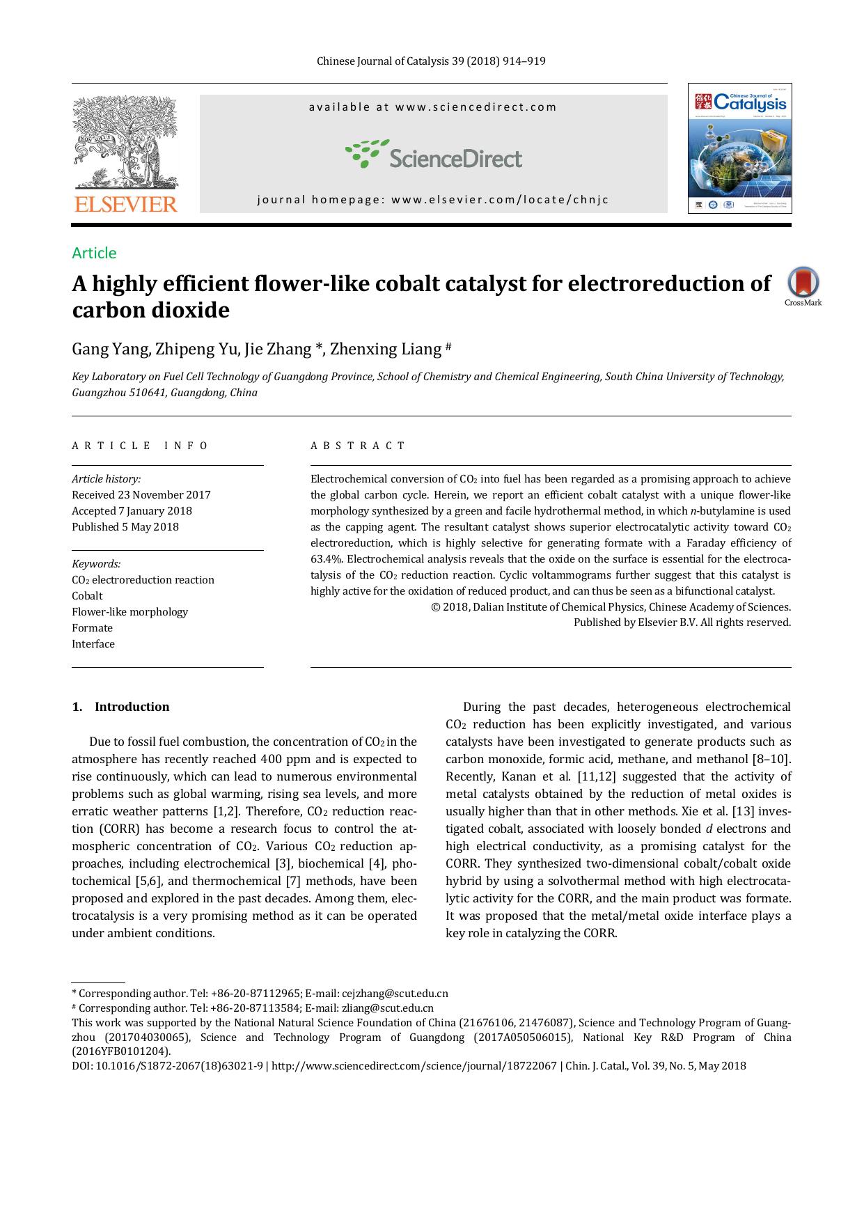 A highly efficient flower-like cobalt catalyst for electroreduction of carbon dioxide by Gang Yang & Zhipeng Yu & Jie Zhang & Zhenxing Liang