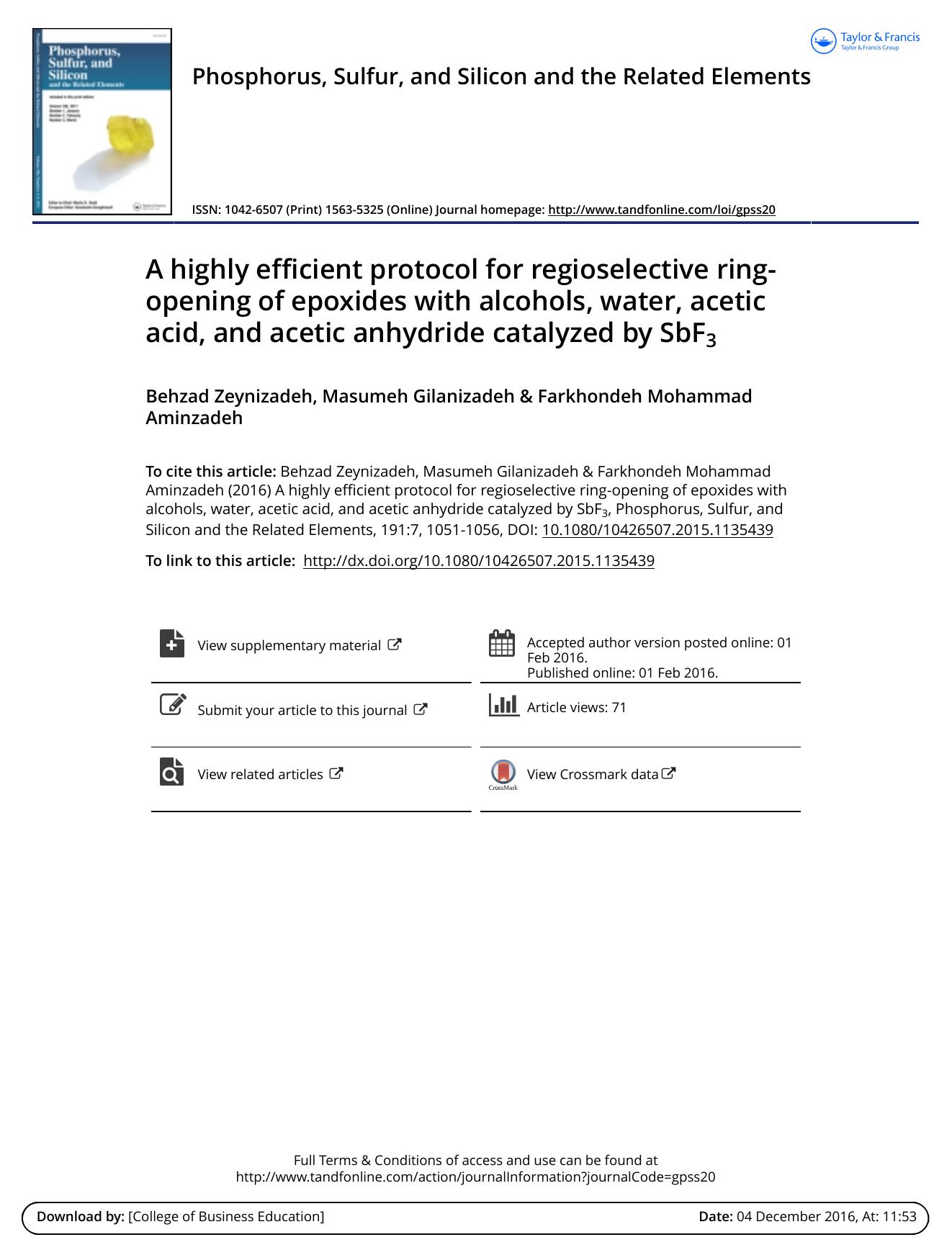 A highly efficient protocol for regioselective ring-opening of epoxides with alcohols, water, acetic acid, and acetic anhydride catalyzed by SbF3 by Behzad Zeynizadeh & Masumeh Gilanizadeh & Farkhondeh Mohammad Aminzadeh