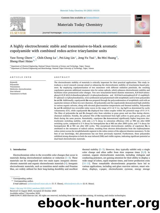 A highly electrochromic stable and transmissive-to-black aromatic copolyamide with combined redox-active triarylamine units by Yaw-Terng Chern & Chih-Cheng Lu & Pei-Ling Lin & Jeng-Yu Tsai & Bo-Wei Huang & Sheng-Huei Hsiao
