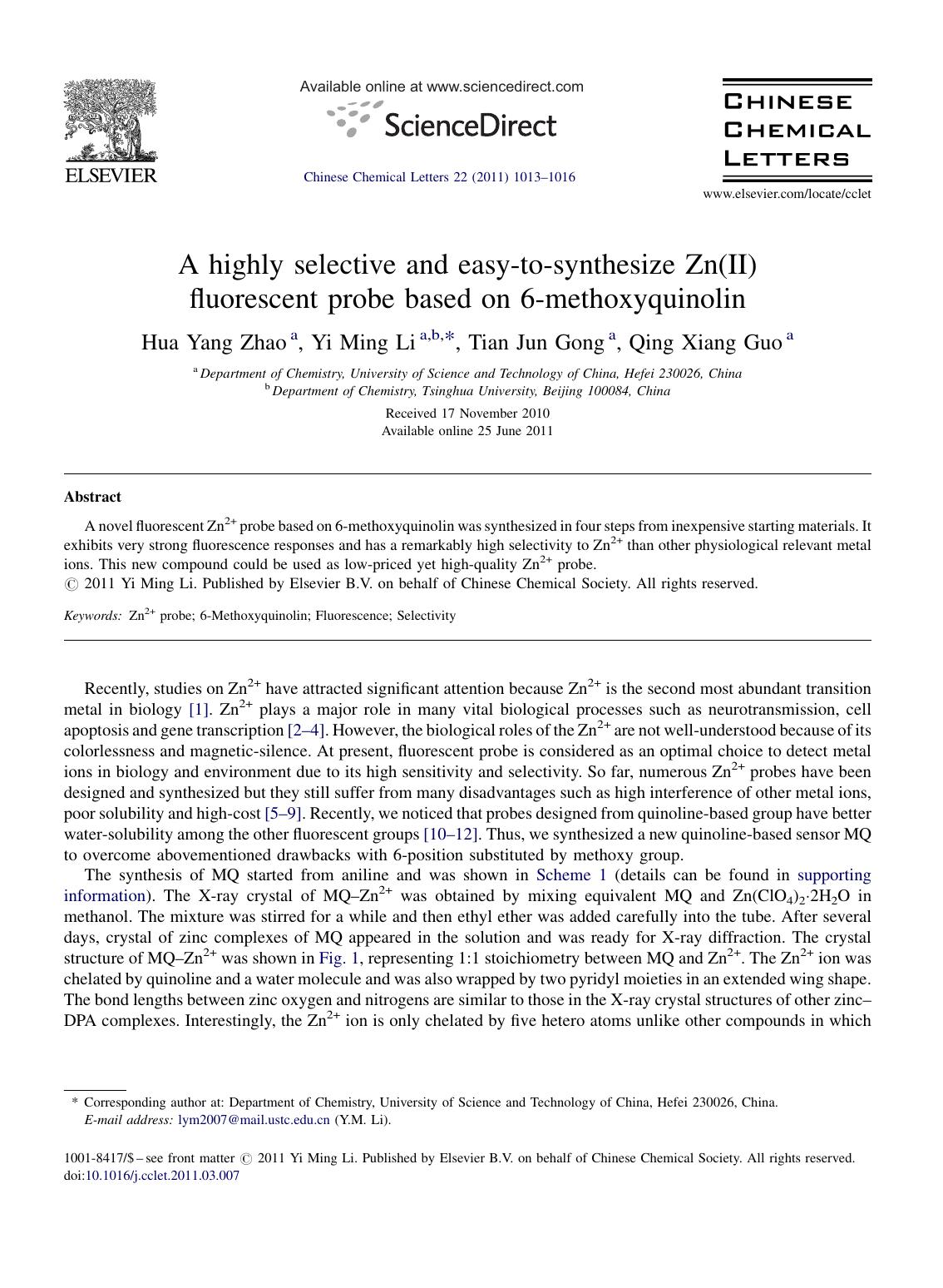 A highly selective and easy-to-synthesize Zn(II) fluorescent probe based on 6-methoxyquinolin by Hua Yang Zhao