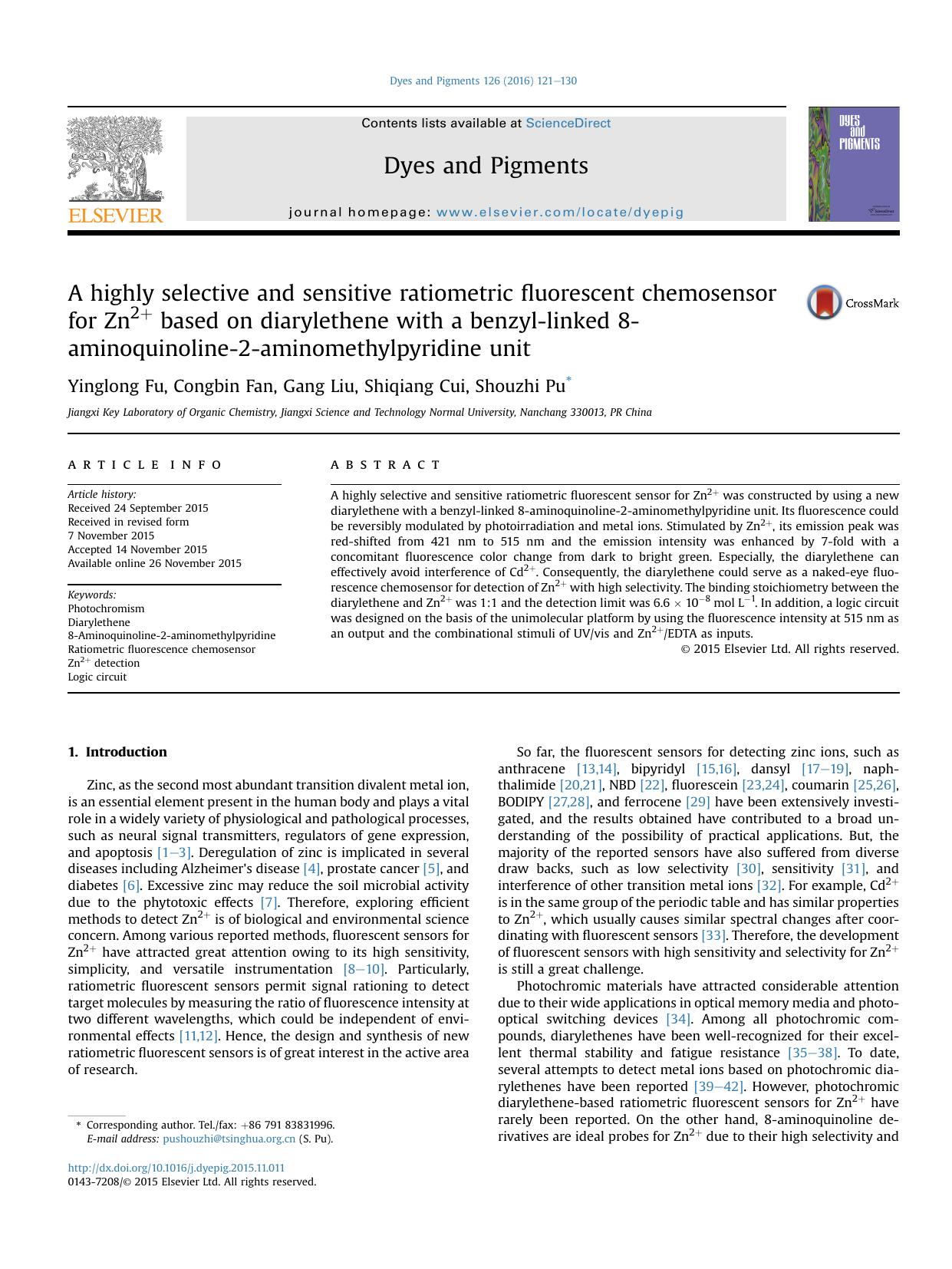 A highly selective and sensitive ratiometric fluorescent chemosensor for Zn2+ based on diarylethene with a benzyl-linked 8-aminoquinoline-2-aminomethylpyridine unit by Yinglong Fu & Congbin Fan & Gang Liu & Shiqiang Cui & Shouzhi Pu